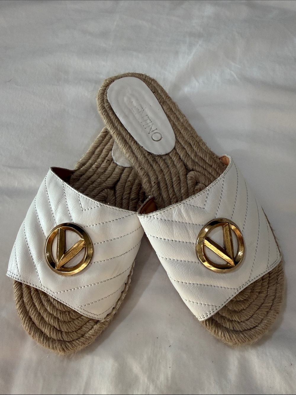 Valentino White Quilted Slide Mules with Gold V Logo